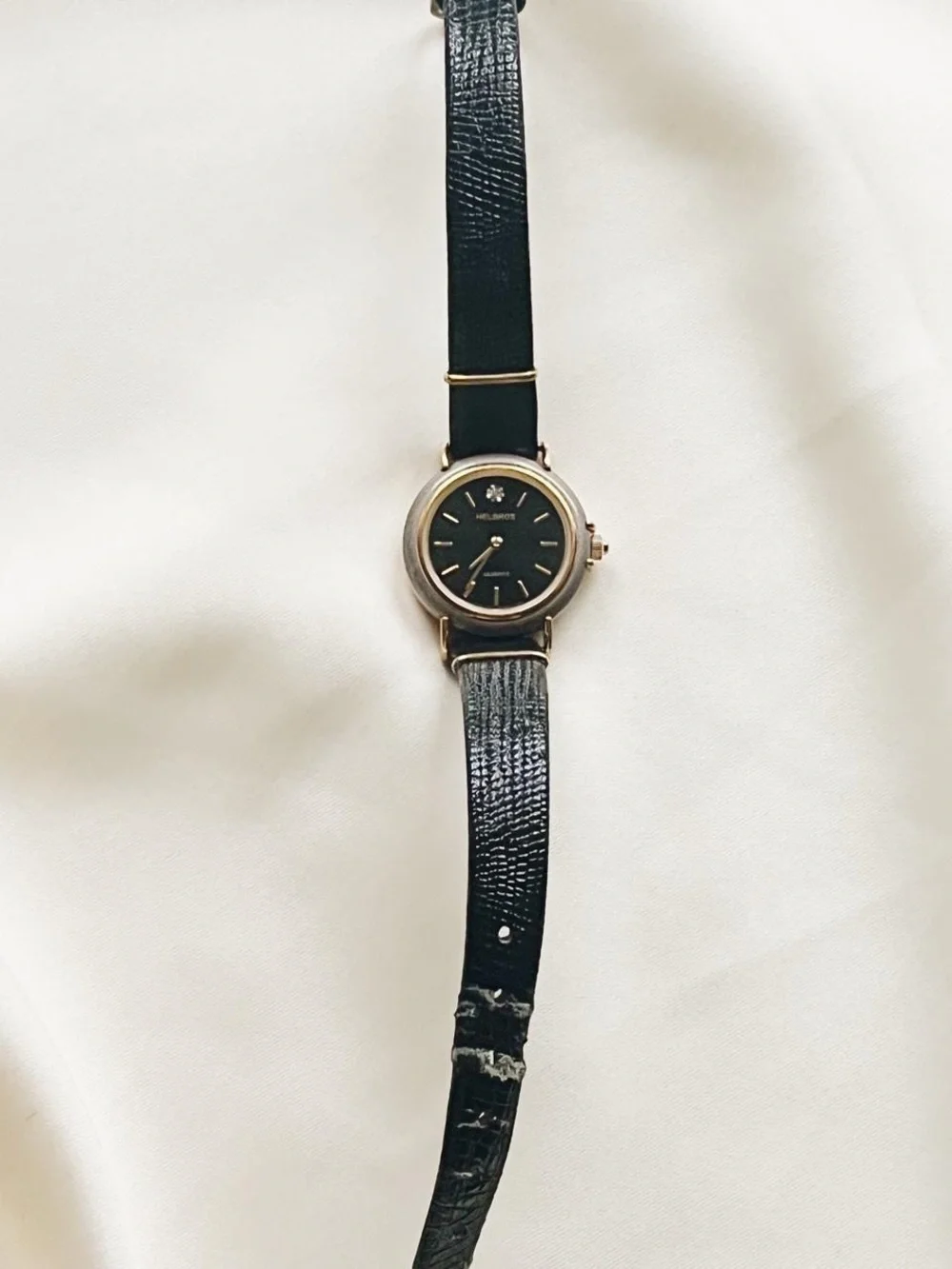 Timeless Vintage Helbros Black Leather Women's Wristwatch - Gold Accents